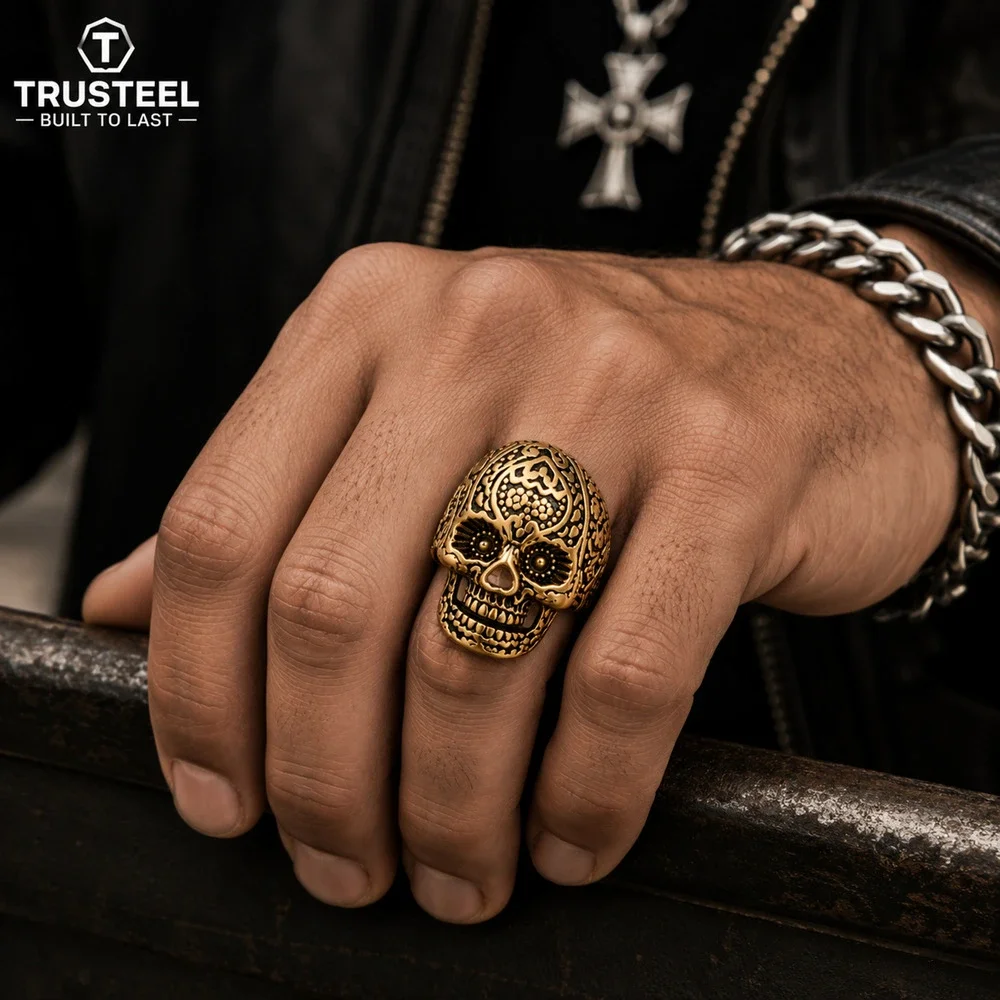Gold Skull Ring 316L Stainless Steel Sugar Skull Gothic Biker Men’s ring size 10